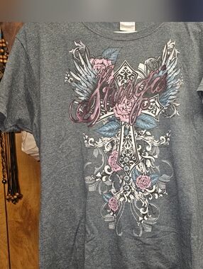 Sturgis 2013 Metallic Graphic Cross Tee with Pink Roses and Wings